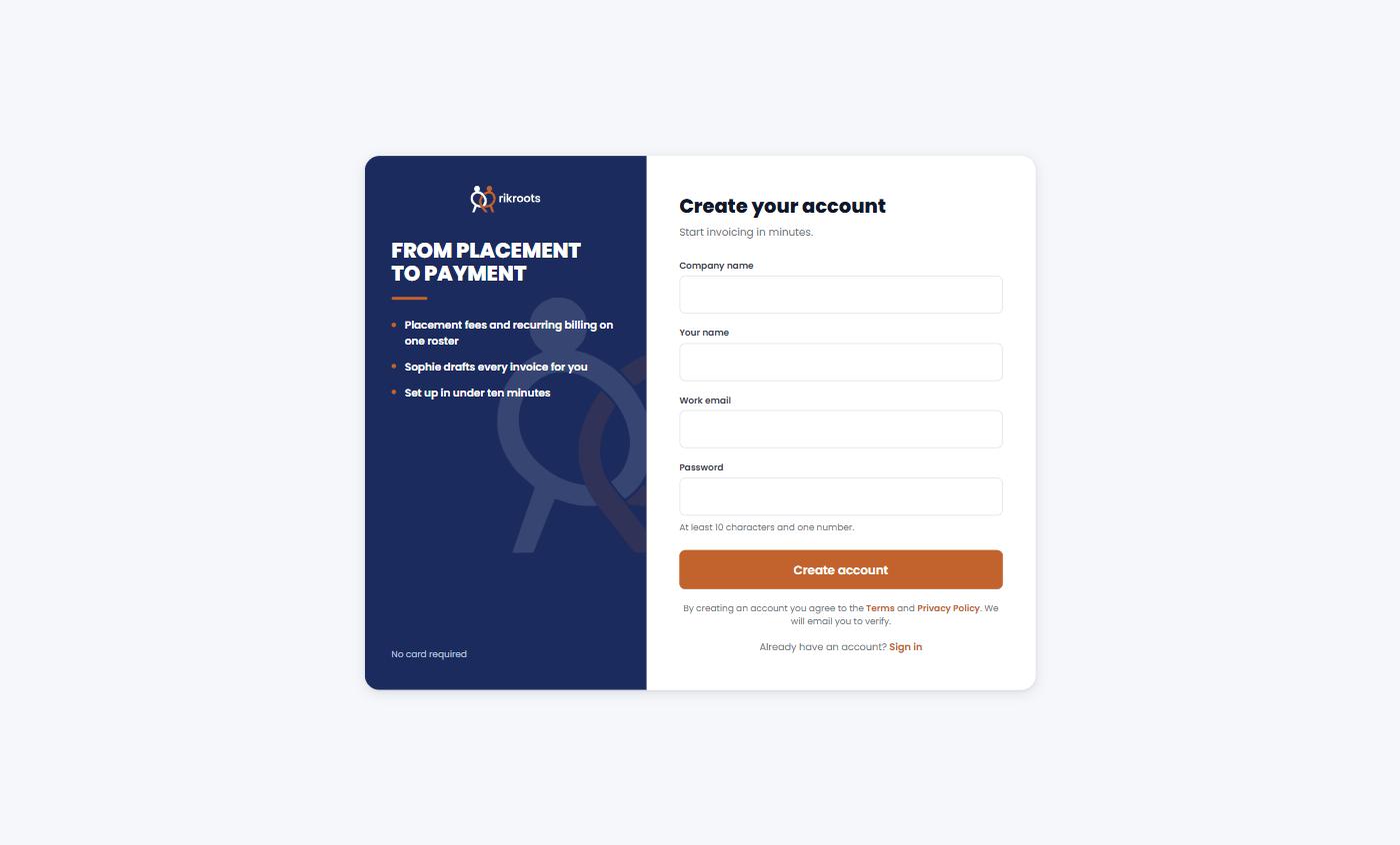 Rikroots self-serve sign-up screen