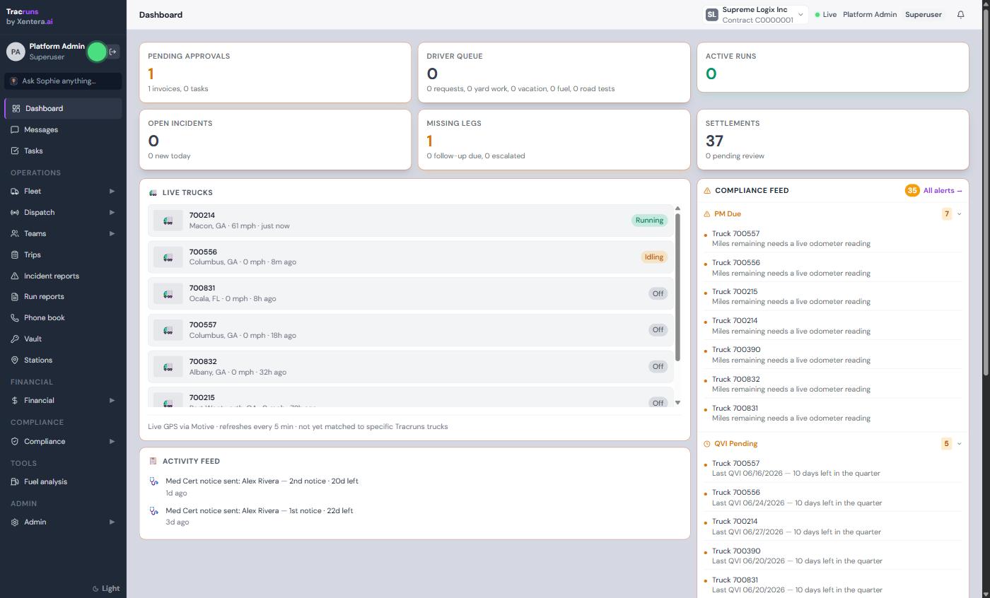 Tracruns dashboard — live trucks, compliance feed, settlements